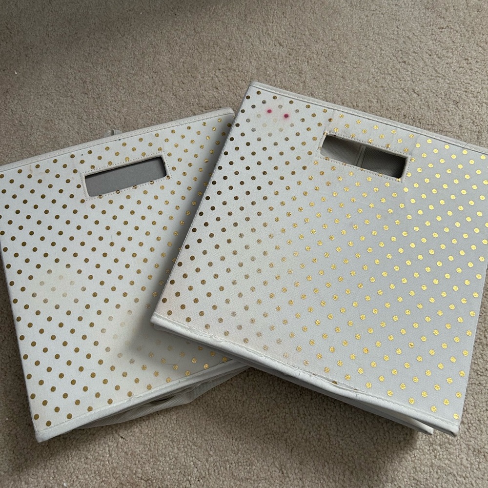 13” X 13” Fabric Cube Storage Bin - White with Gold Polka Dots